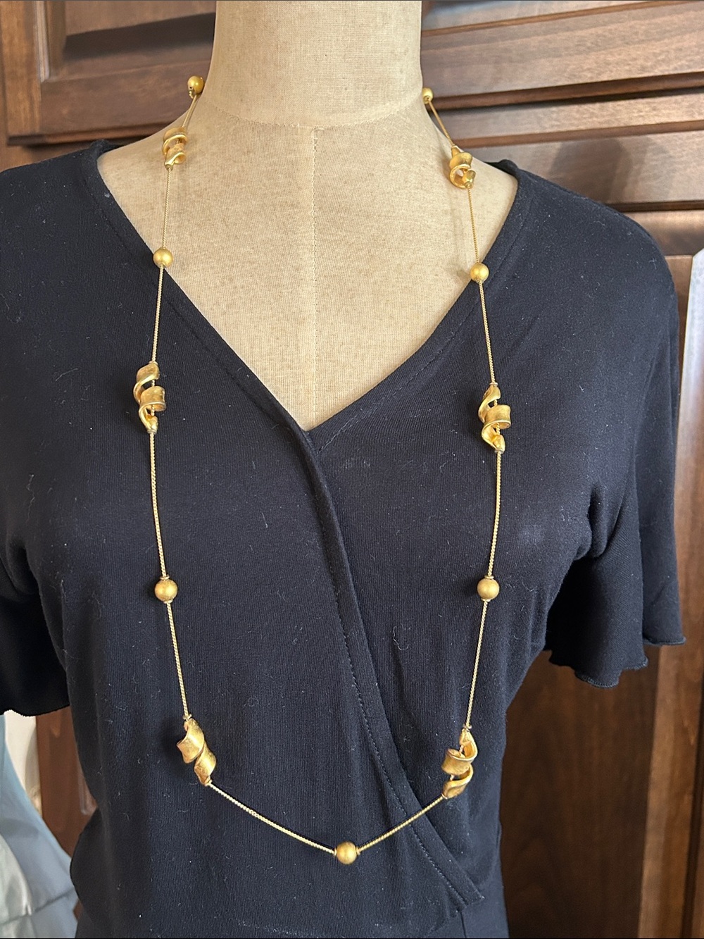 1980’s Anne Klein Long Gold Tone Knot & Bead Necklace